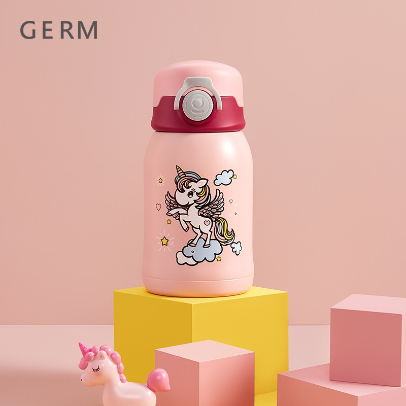 日本格沵（GERM）儿童保温杯带吸管两用316不锈钢大容量小学生大头水杯幼儿园大 彩虹公主500ml【斜挎杯套】